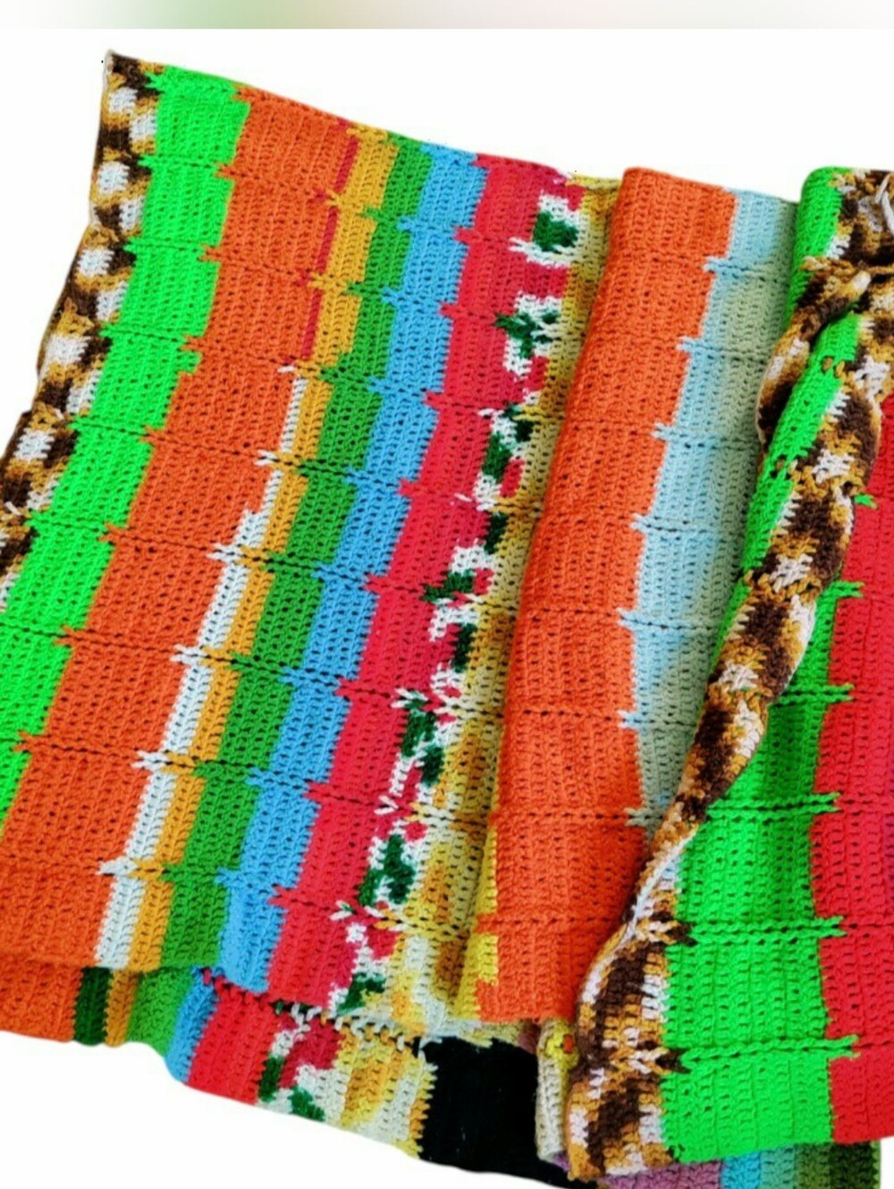 Vintage Crochet Afghan Blanket Knit Granny Cottagecore Colorful Retro 80x90